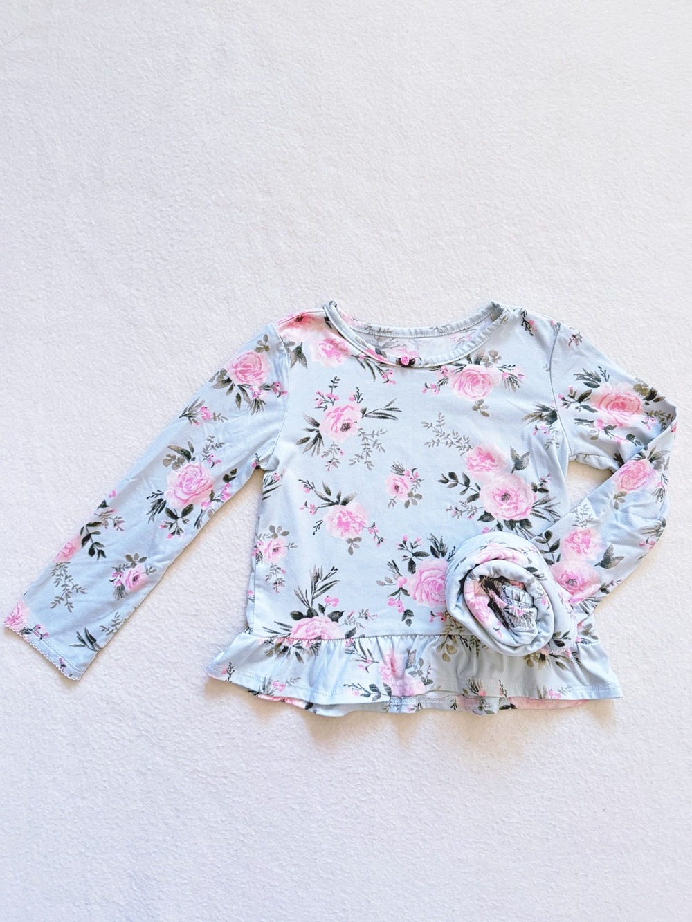 Laura Ashley Girl Floral Pajama Set Long Sleeve Peplum Top Pants Light Blue 3T